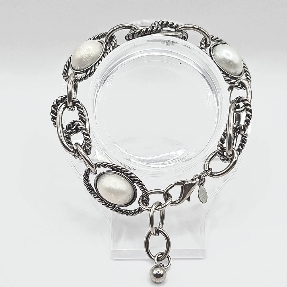 Premier Designs Silverrtone Cable Style Faux Pearl Bracelet